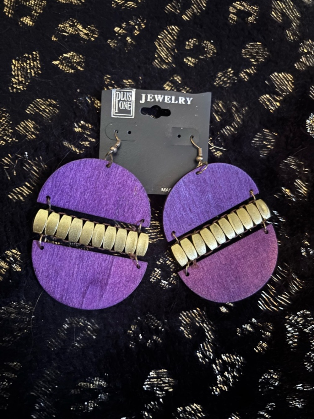 NWT Purple Wood & Gold Statement Earrings